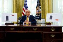 President Donald Trump delivers remarks in the Oval Office of the White House in Washington, Fr ...