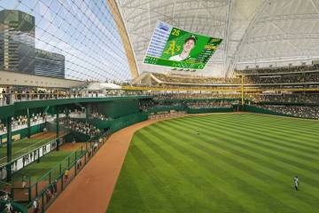 An artist rendering of the Athletics' planned Las Vegas ballpark shown during a March 6, 2025, ...