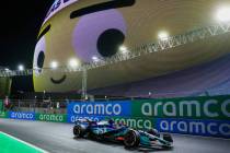 Formula 1 Alpine driver Esteban Ocon speeds past the Sphere during a free practice ahead of the ...